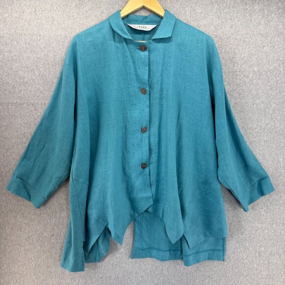 Itemz Chris Baumgartner One Size Button-Up Shirt Aqua Blue Linen Asymmetric Hem - Picture 1 of 12